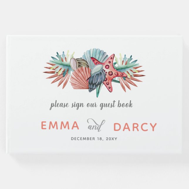 Rustik Watercolor Seashells Starfish Beach Wedding Gästböcker (Framsida)