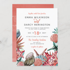Rustik Watercolor Seashells Starfish Beach Wedding Inbjudningar