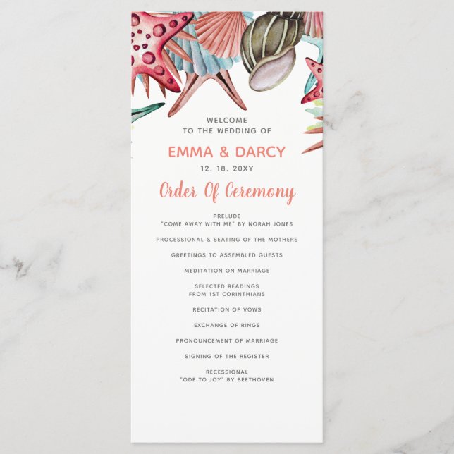 Rustik Watercolor Seashells Starfish Beach Wedding Program (Framsida)