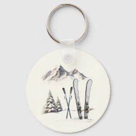 Rustik Watercolor Ski Snö Träd bergsvinter Nyckelring