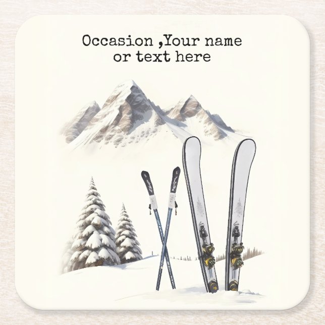 Rustik Watercolor Ski Snö Träd bergsvinter Underlägg Papper Kvadrat (Framsidan)