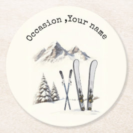 Rustik Watercolor Ski Snö Träd bergsvinter Underlägg Papper Rund
