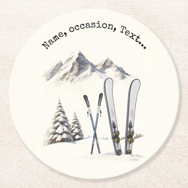Rustik Watercolor Ski Snö Träd bergsvinter Underlägg Papper Rund (Framsidan)