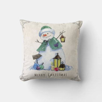 Rustik Watercolor Snögubbe God jul Helgdag Kudde