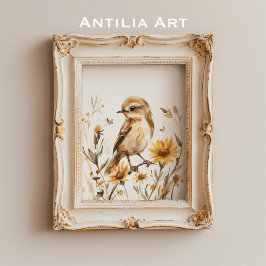 Rustik Watercolor Sparrow Bird Painting Wildblomma Poster
