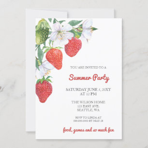Rustik Watercolor Strawbär Sommar Party Inbjudningar