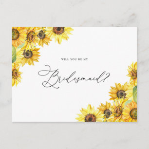 Rustik Watercolor Sunblommor be min Bridesmaid Vykort