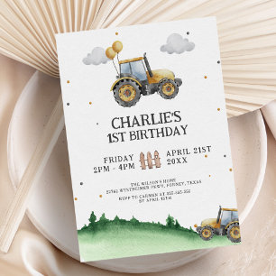 Rustik Watercolor Tractor-Födelsedagsfest Inbjudningar