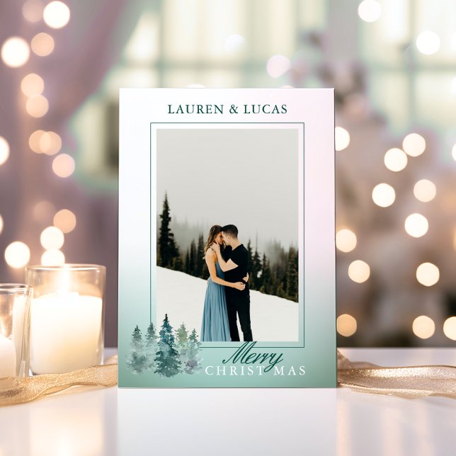 Rustik Watercolor Träd Helgdag jul-PHOTO Julkort (Rustic Watercolor Tree Holiday Christmas PHOTO | First Married)