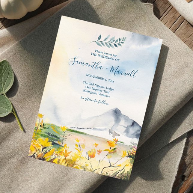 Rustik Watercolor Vår Mountain Bröllop Inbjudningar (Mountain wedding invitations features original watercolor art by Victoria Grigaliunas)