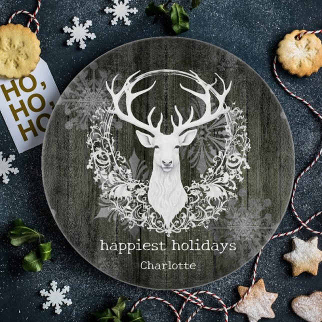 Rustik Watercolor White Reindeer Personalize Grönt (Green Rustic Watercolor White Reindeer Cutting Board)