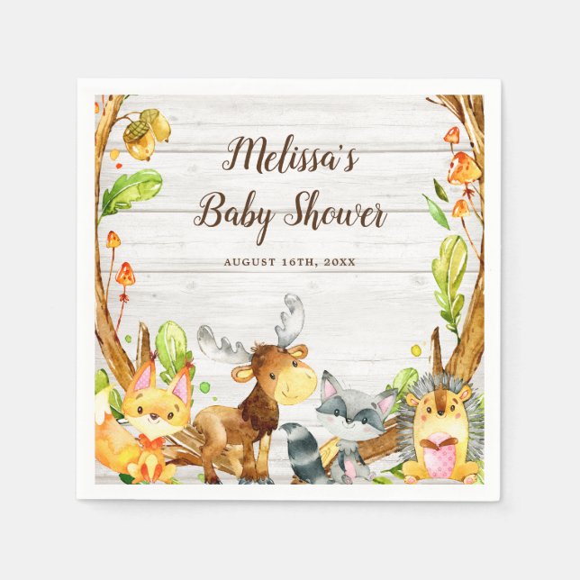 Rustik Watercolor Woodland Animals Baby Shower Pappersservett (Framsidan)