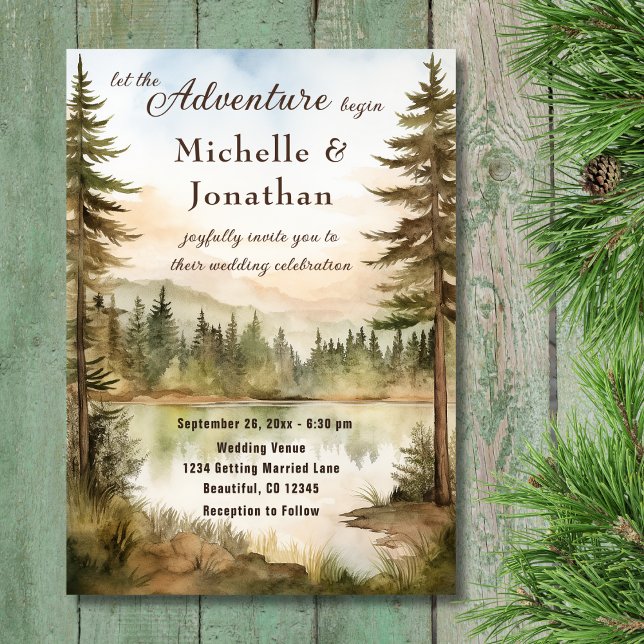 Rustik Watercolor Woodland Sjö Äventyr Bröllop Inbjudningar (Front - Rustic Watercolor Woodland Lake Adventure Wedding Invitation)