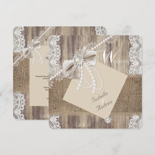Rustik Wedding Beige Pärlslinga Trä Jute 3 Inbjudningar (Fram/baksida)