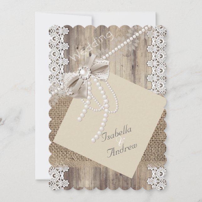 Rustik Wedding Beige Pärlslinga Trä Jute 4 Inbjudningar (Framsida)
