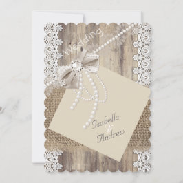 Rustik Wedding Beige Pärlslinga Trä Jute 4 Inbjudningar