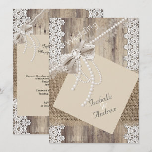 Rustik Wedding Beige Pärlslinga Trä Jute 4 Inbjudningar