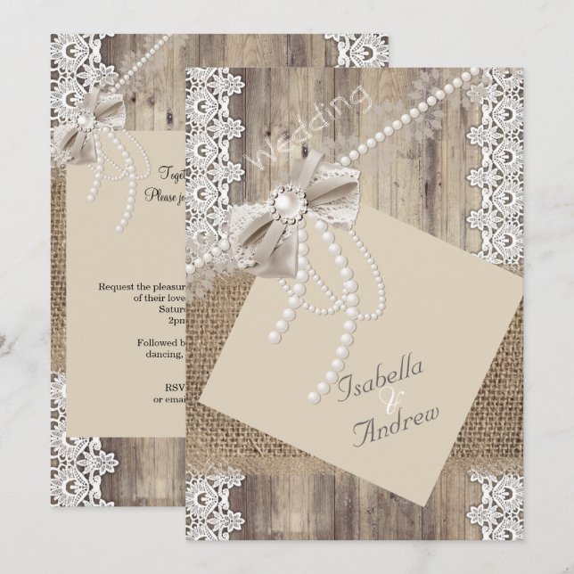 Rustik Wedding Beige Pärlslinga Trä Jute 4 Inbjudningar (Fram/baksida)