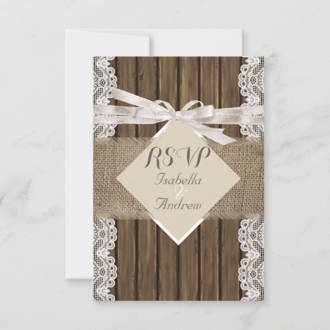 Rustik Wedding Beige RSVP Spets Trä Burlap 3 OSA Kort (Framsida)