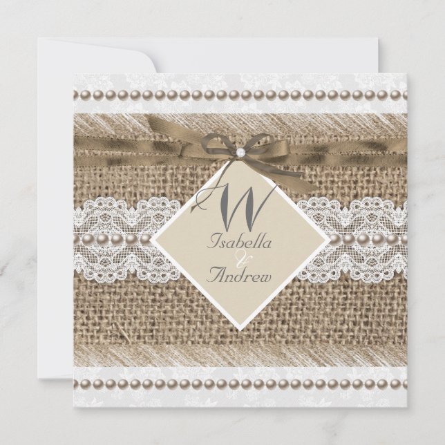 Rustik Wedding Beige spets Jute Pärl Vit Inbjudningar (Framsida)