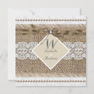 Rustik Wedding Beige spets Jute Pärl Vit Inbjudningar
