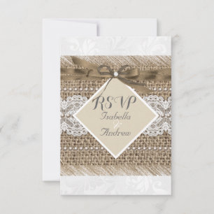 Rustik Wedding Beige spets Jute Pärl Vitt RSVP Inbjudningar