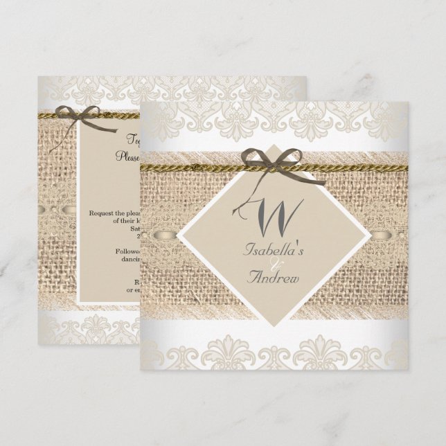 Rustik Wedding Beige spets Linned Vitt Inbjudningar (Fram/baksida)