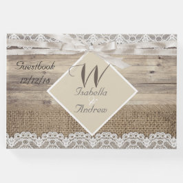 Rustik Wedding Beige Spets Trä Jute Gästbok