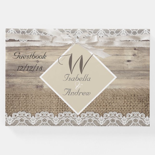 Rustik Wedding Beige Spets Trä Jute Gästbok (Framsida)