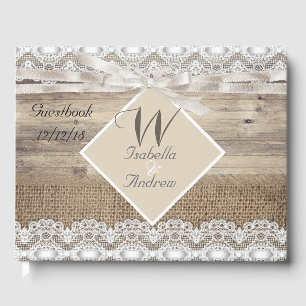 Rustik Wedding Beige Spets Trä Jute Gästbok