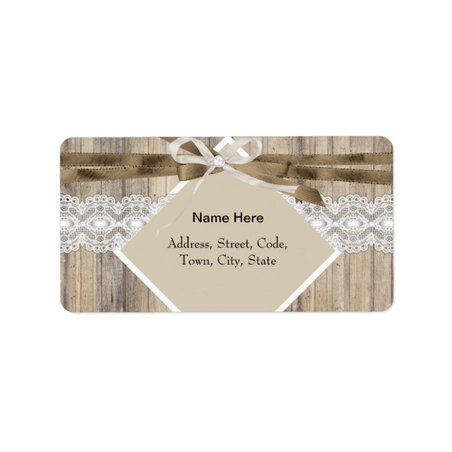 Rustik Wedding Beige Vit Spets Trä Jute 2 Adressetikett (Framsidan)