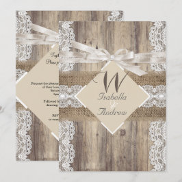 Rustik Wedding Beige Vit Spets Trä Jute 2a Inbjudningar