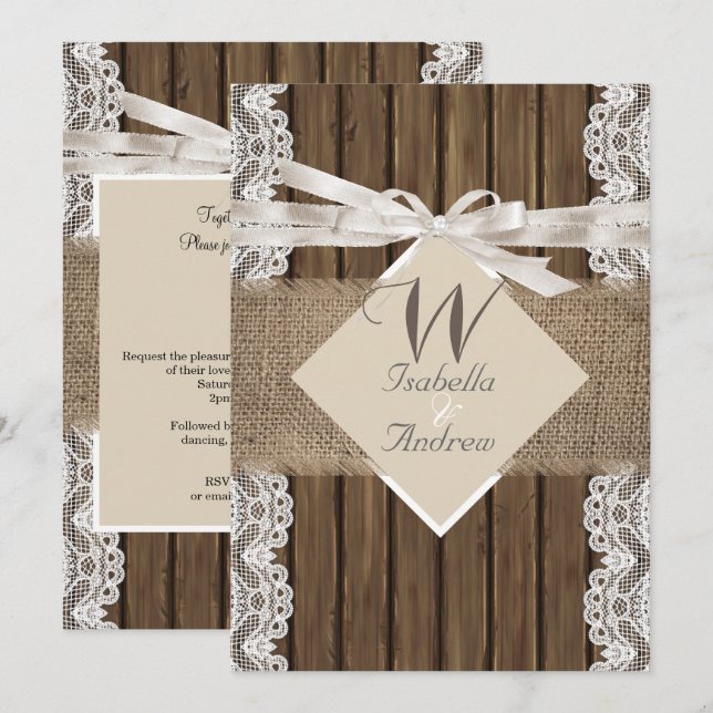 Rustik Wedding Beige Vit Spets Trä Jute 3 Inbjudningar (Fram/baksida)