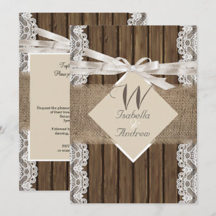 Rustik Wedding Beige Vit Spets Trä Jute 3 Inbjudningar