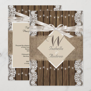 Rustik Wedding Beige Vit Spets Trä Jute 5 Inbjudningar