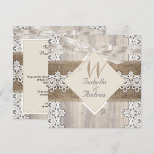 Rustik Wedding Beige Vit Spets Trä Jute AB Inbjudningar