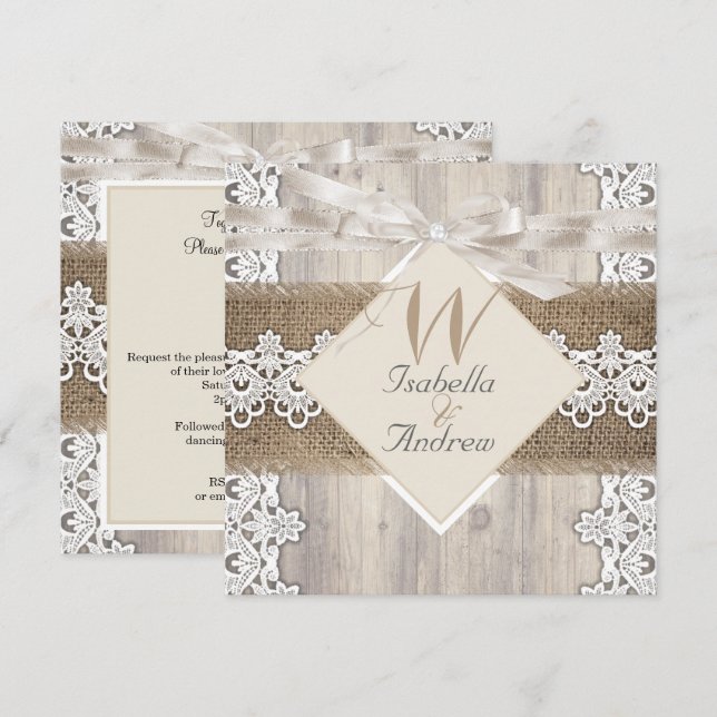 Rustik Wedding Beige Vit Spets Trä Jute AB Inbjudningar (Fram/baksida)