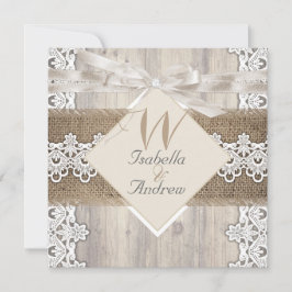 Rustik Wedding Beige Vit Spets Trä Jute AB Inbjudningar