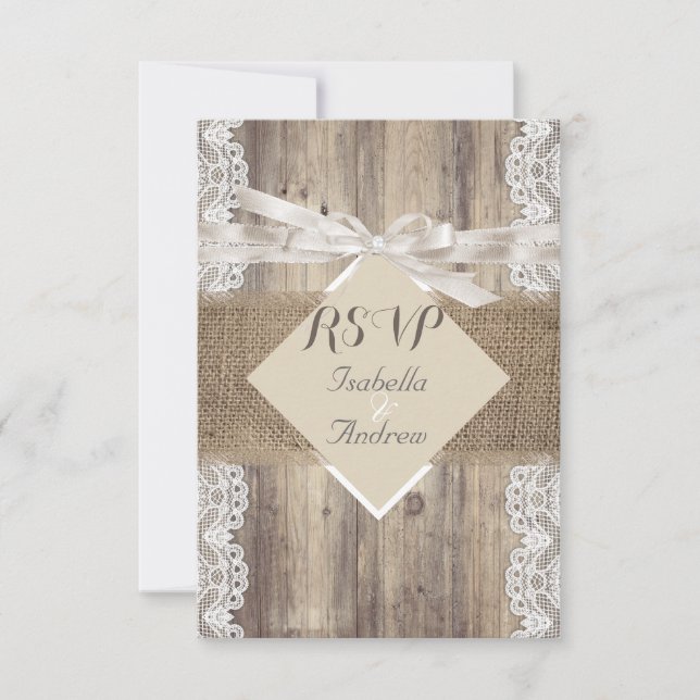 Rustik Wedding Beige Vit Spets Trä RSVP OSA Kort (Framsida)