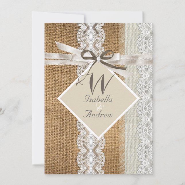 Rustik Wedding Beige Vit Tyll Jute Pärl 5 Inbjudningar (Framsida)