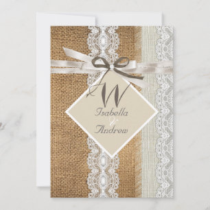 Rustik Wedding Beige Vit Tyll Jute Pärl 5 Inbjudningar