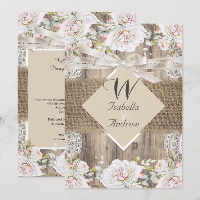 Rustik Wedding Beige Vita Rosor Trä Jute Inbjudningar (Fram/baksida)