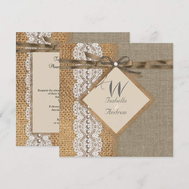 Rustik Wedding Burlap Hessian Spets Pärlor Inbjudningar (Fram/baksida)