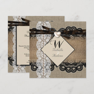 Rustik Wedding Jute Hessian Spets Pärlhjärta Inbjudningar