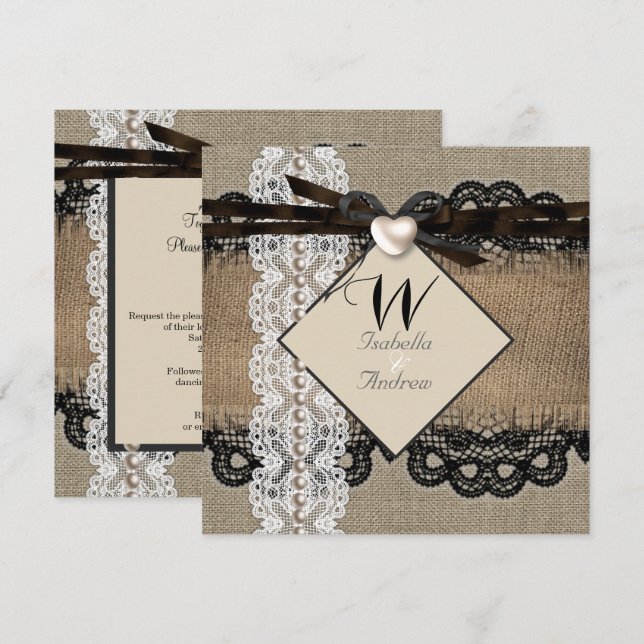 Rustik Wedding Jute Hessian Spets Pärlhjärta Inbjudningar (Fram/baksida)
