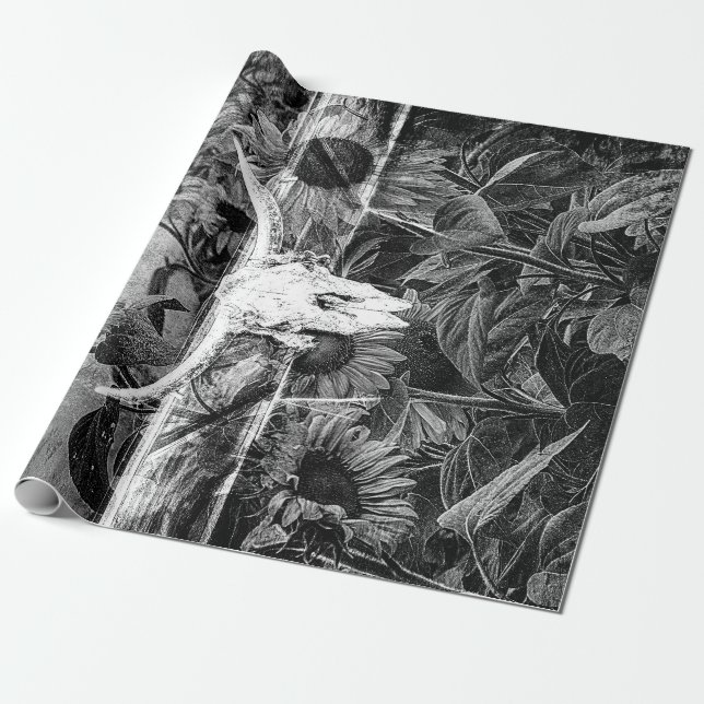 Rustik Western Black and White Blommigt Bull Skull Presentpapper (Utrullad)