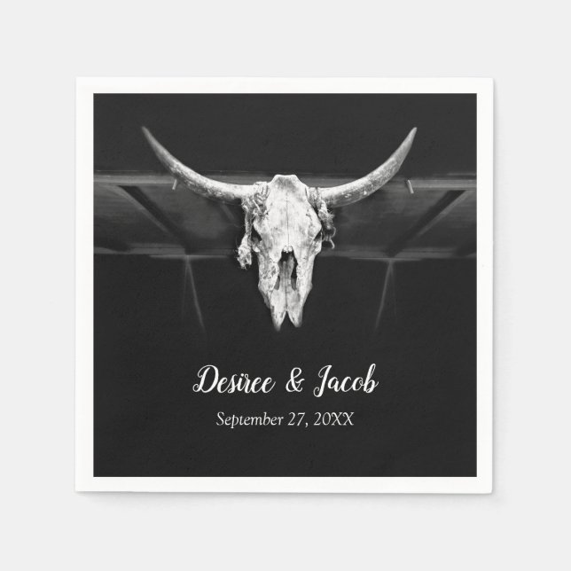 Rustik Western Black and White Bull Skull Bröllop Pappersservett (Framsidan)