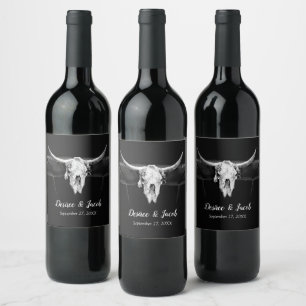 Rustik Western Black and White Bull Skull Bröllop Vinflaska Etikett