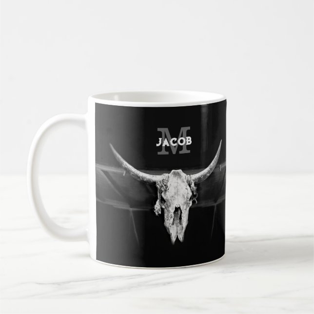Rustik Western Black and White Bull Skull Monogram Kaffemugg (Vänster)