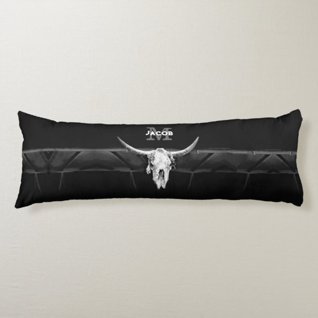 Rustik Western Black and White Bull Skull Monogram Kroppskudde (Framsidan)